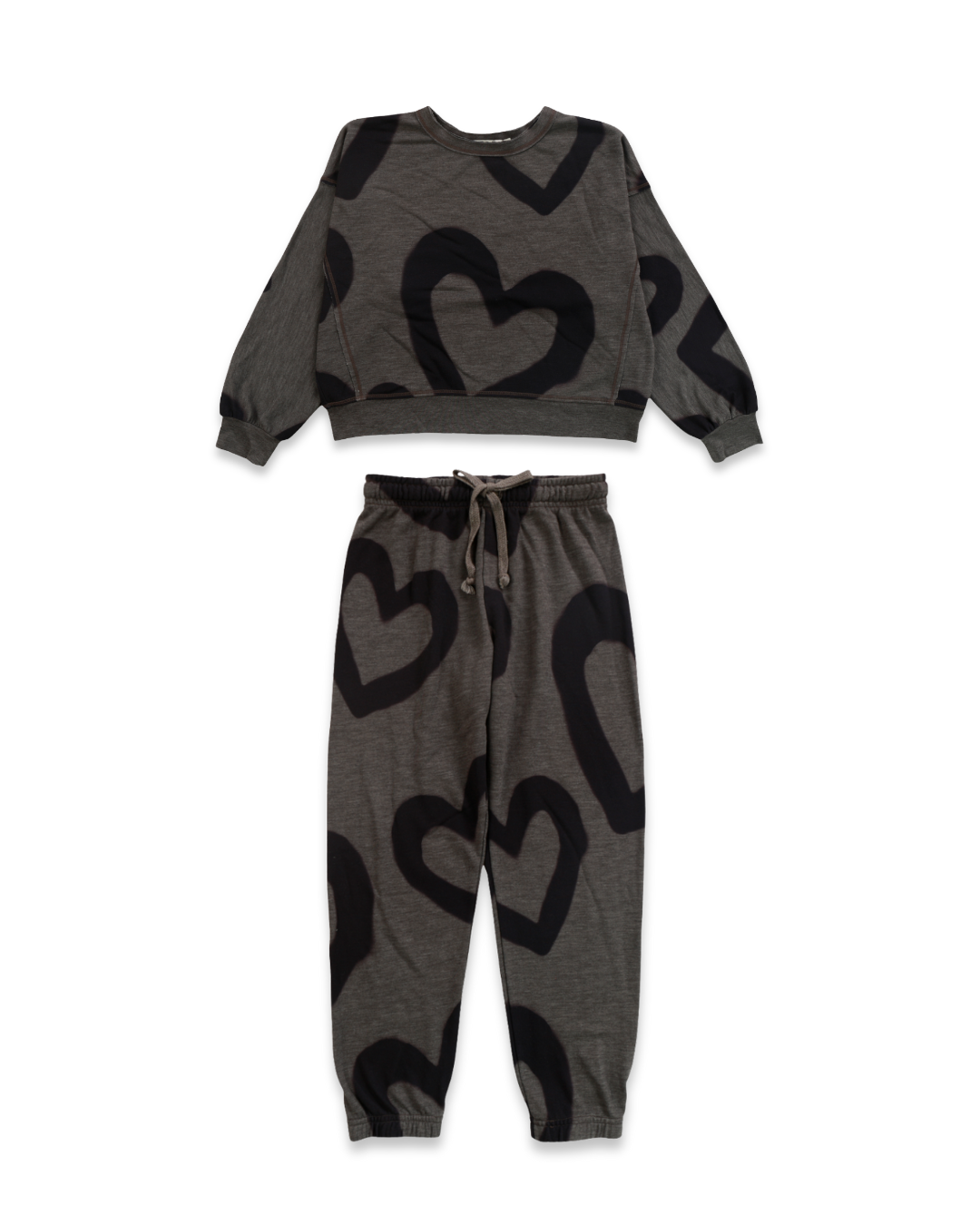 2pc Charcoal w Heart Dolman Top w Pant, Expressions Boutique, Women and childrens boutique, Woodbury, girls matching set, boutique kids loungewear, heart print jogger set, charcoal girls outfit, trendy boutique girls clothing, two piece kids lounge set, casual girls co-ord set, boutique girls jogger set, comfy girls outfit