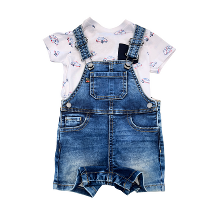 2pc white tee w cars & denim romper