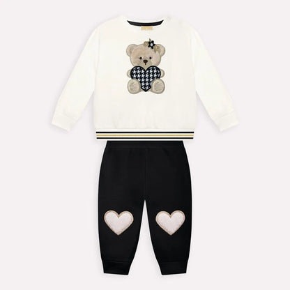 girls teddy bear outfit, toddler 2pc sweatshirt and pants set, boutique bear applique outfit, baby girl houndstooth heart set, girls jogger pant outfit, girls heart patch pants, boutique toddler gift set, girls bear top and pant outfit, toddler girl cute outfit boutique, cozy girls fall/winter outfit