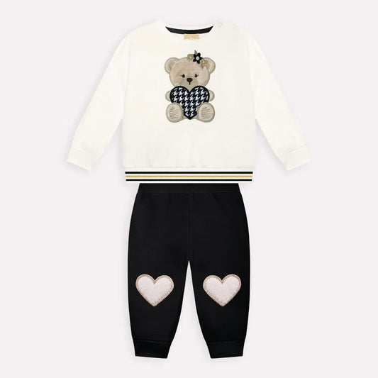 girls teddy bear outfit, toddler 2pc sweatshirt and pants set, boutique bear applique outfit, baby girl houndstooth heart set, girls jogger pant outfit, girls heart patch pants, boutique toddler gift set, girls bear top and pant outfit, toddler girl cute outfit boutique, cozy girls fall/winter outfit
