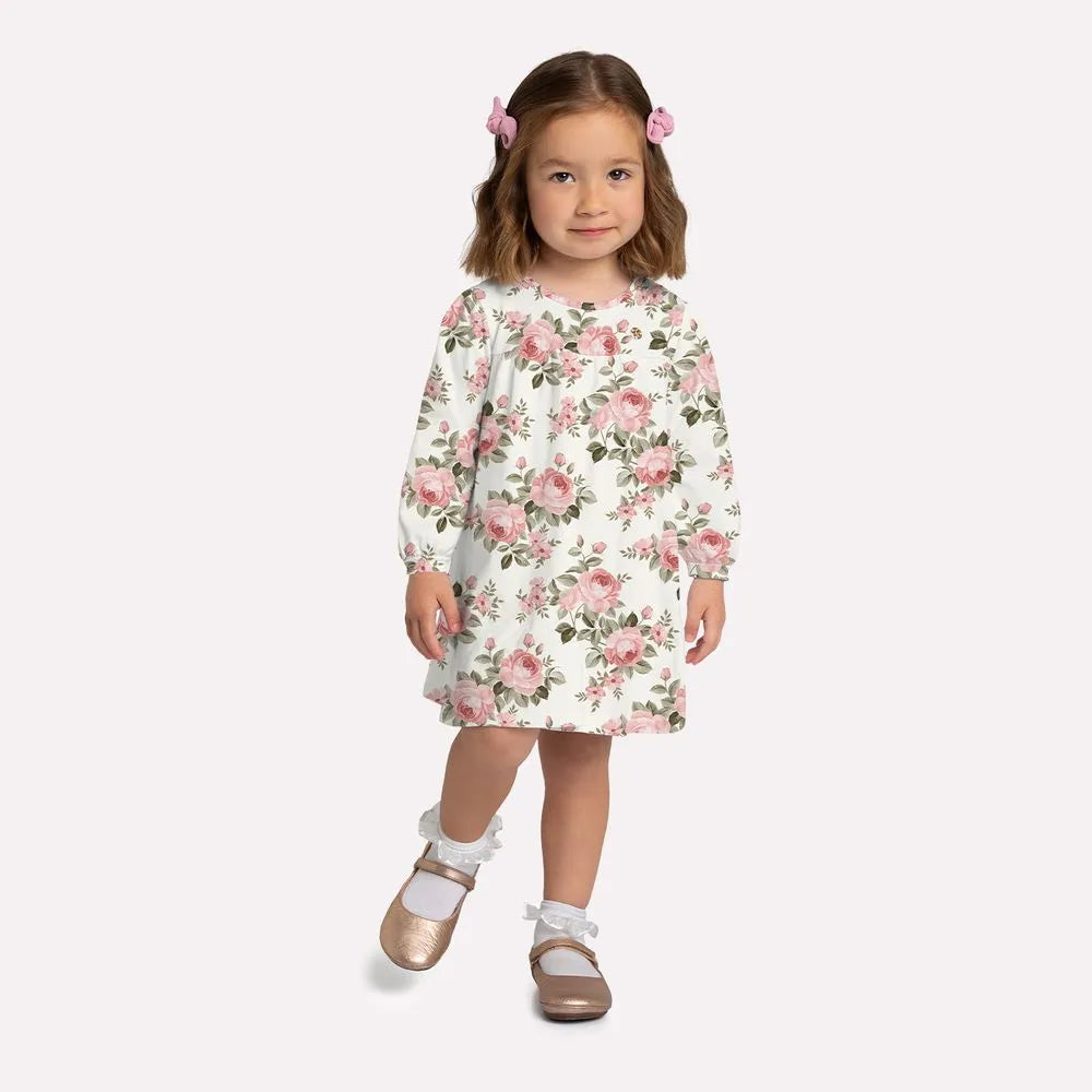 girls floral dress boutique, toddler girl rose print dress, off white pink flower dress kids, boutique girls long sleeve dress, toddler girl special occasion dress, girls holiday floral dress, children’s boutique dresses, pink rose toddler outfit, comfy floral dress for girls, boutique clothing girls dress