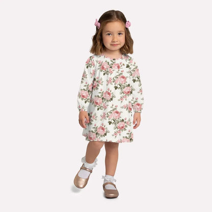 girls floral dress boutique, toddler girl rose print dress, off white pink flower dress kids, boutique girls long sleeve dress, toddler girl special occasion dress, girls holiday floral dress, children’s boutique dresses, pink rose toddler outfit, comfy floral dress for girls, boutique clothing girls dress