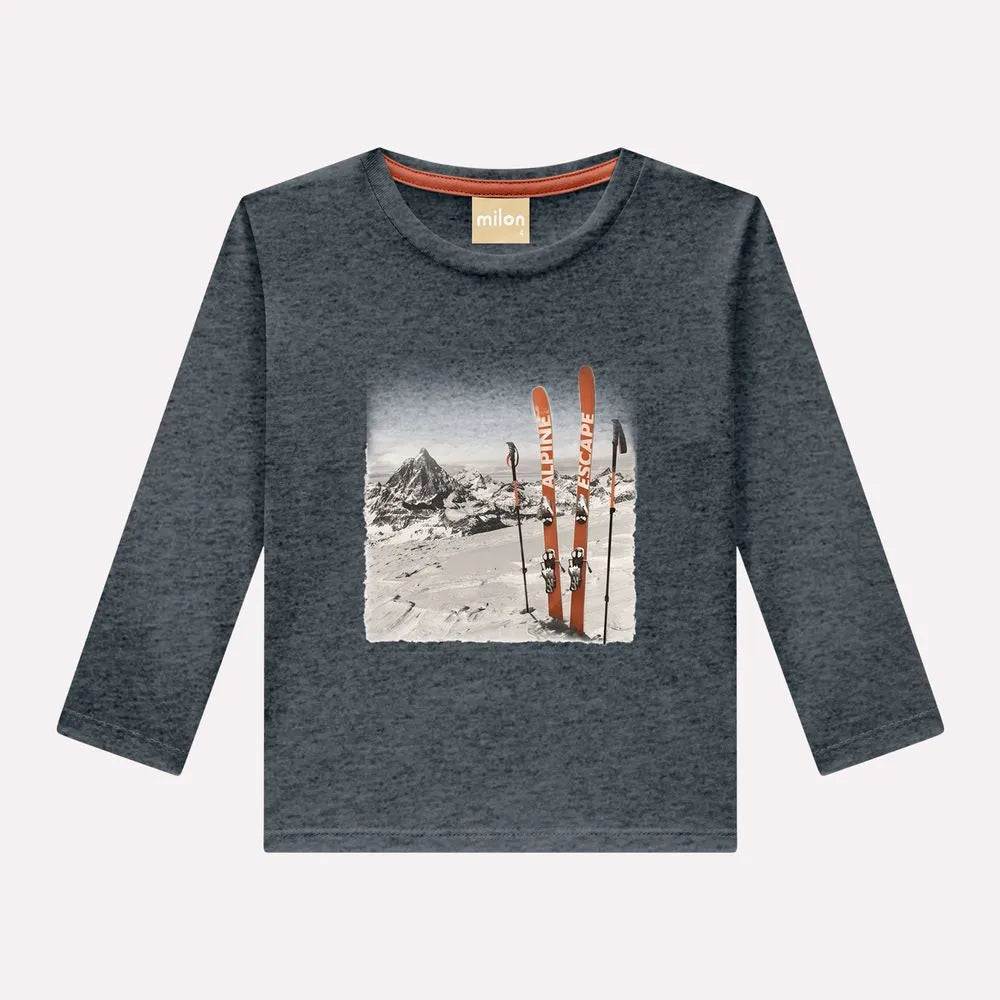 boys ski graphic tee, dark grey long sleeve kids shirt, alpine ski shirt for boys, toddler boy mountain print tee, boutique boys winter tee, kids outdoor adventure shirt, boys casual long sleeve top, ski inspired children’s clothing, toddler boy boutique fall outfit, ski season kids fashion
