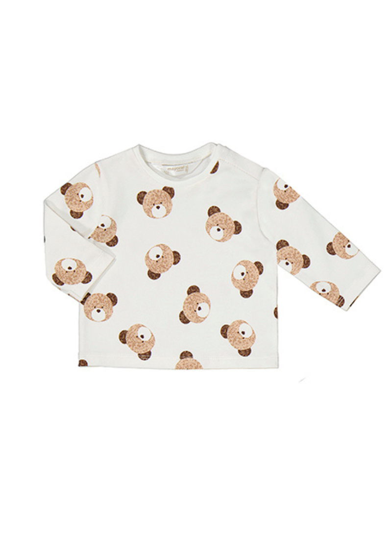 2pc Long Sleeve Scattered Bear Top with Beige Overalls