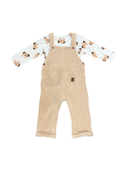 2pc Long Sleeve Scattered Bear Top with Beige Overalls