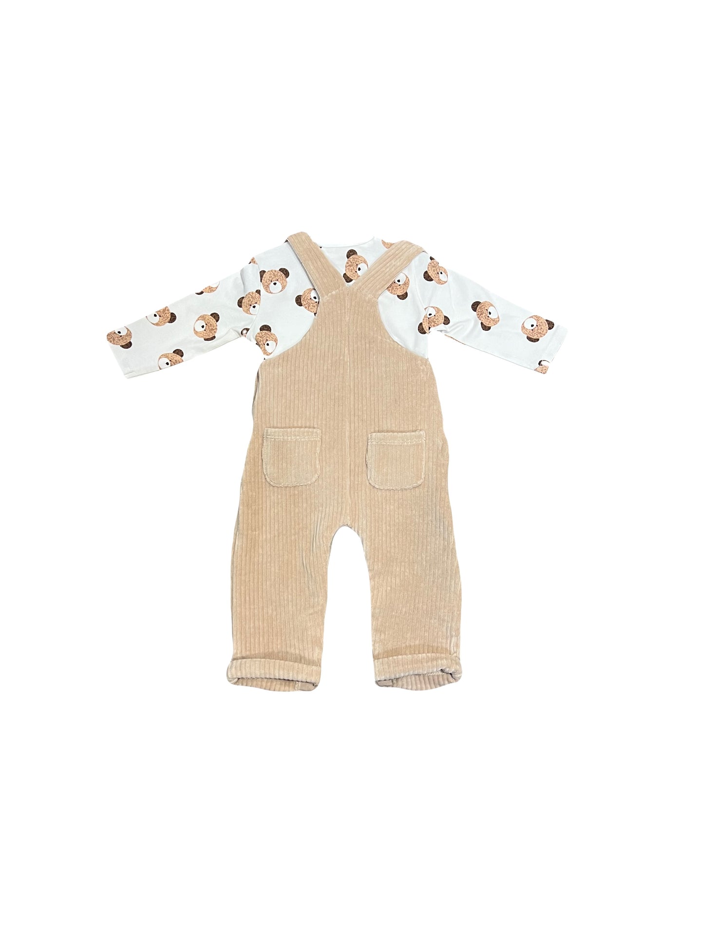 2pc Long Sleeve Scattered Bear Top with Beige Overalls