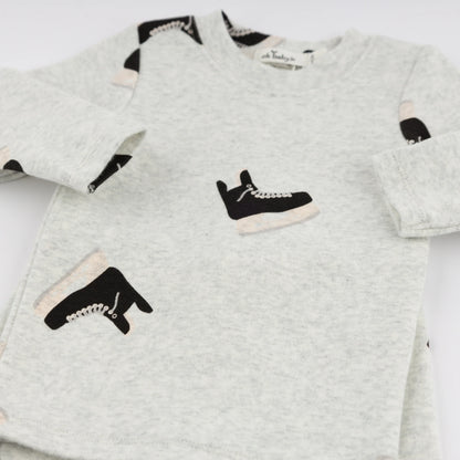 hockey baby outfit, hockey skates print toddler set, sporty baby clothes, boutique boy outfit hockey, heather grey hockey print set, athletic baby clothing set, newborn boy sporty outfit, toddler hockey lounge set, boutique hockey baby clothes, baby shower gift boy sporty