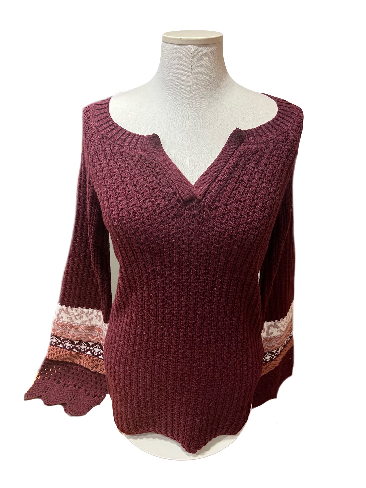 Burgundy Jacquard Crochet Sleeves Henley Sweater