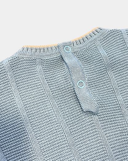 baby knit romper, toddler knit one-piece, denim blue baby romper, boutique knit baby clothes, ecru stitch baby outfit, knit romper boys, knit romper girls, cozy baby knitwear, unisex knit romper, boutique baby shower gift, Expressions Boutique NY, Woodbury kids boutique