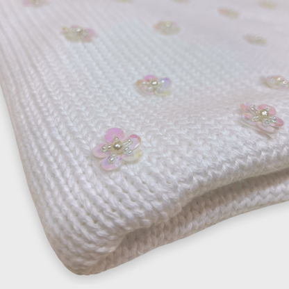 White Cotton Blanket w Sequin Flowers