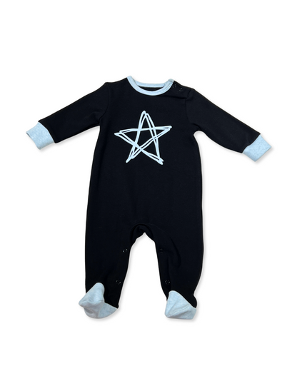 Black w Blue Star Footie, Expressions Boutique, Women and childrens boutique, Woodbury, black baby footie, baby boy star sleeper, boutique baby romper, infant footed one piece, soft cotton baby pajamas, newborn boy sleepsuit, snap closure baby outfit, modern baby boy footie, baby shower boy gift, star print baby romper