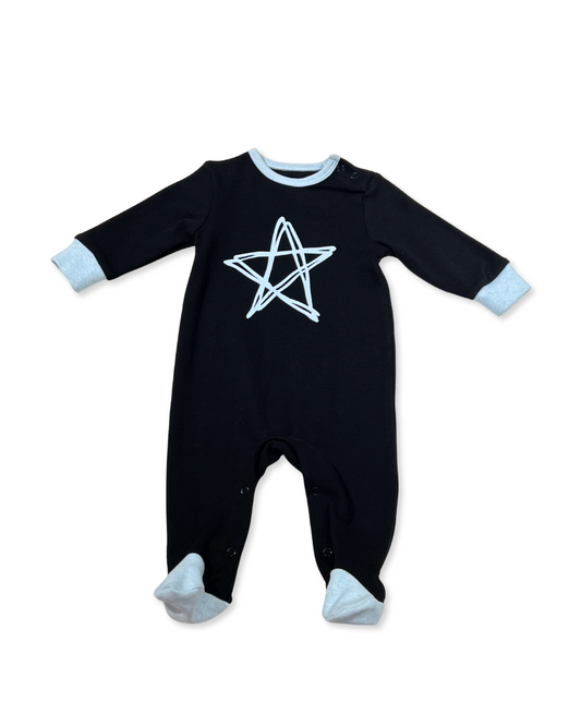 Black w Blue Star Footie, Expressions Boutique, Women and childrens boutique, Woodbury, black baby footie, baby boy star sleeper, boutique baby romper, infant footed one piece, soft cotton baby pajamas, newborn boy sleepsuit, snap closure baby outfit, modern baby boy footie, baby shower boy gift, star print baby romper
