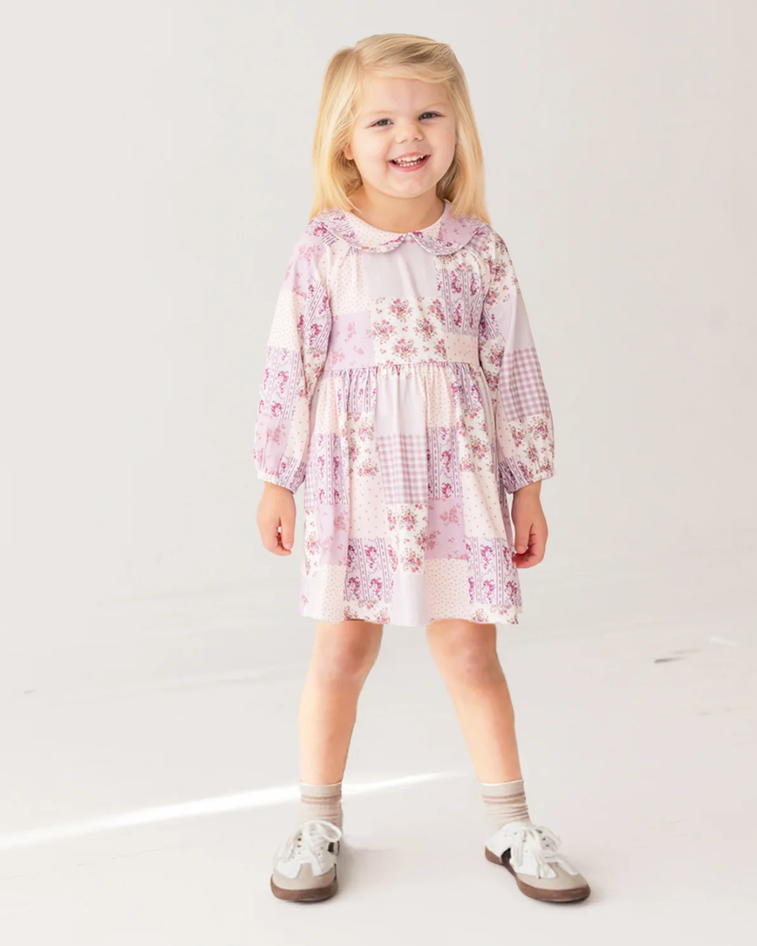 Liliana Dress, patchwork floral dress girls, pink gingham dress kids, boutique kids clothing, girls Peter Pan collar dress, toddler girls boutique dress, fall floral dress girls, girls long sleeve dress, boutique toddler outfits, cute girls dresses, Back to school outfits, school outfits for girls, pre-k clothing, kids fall fashion
