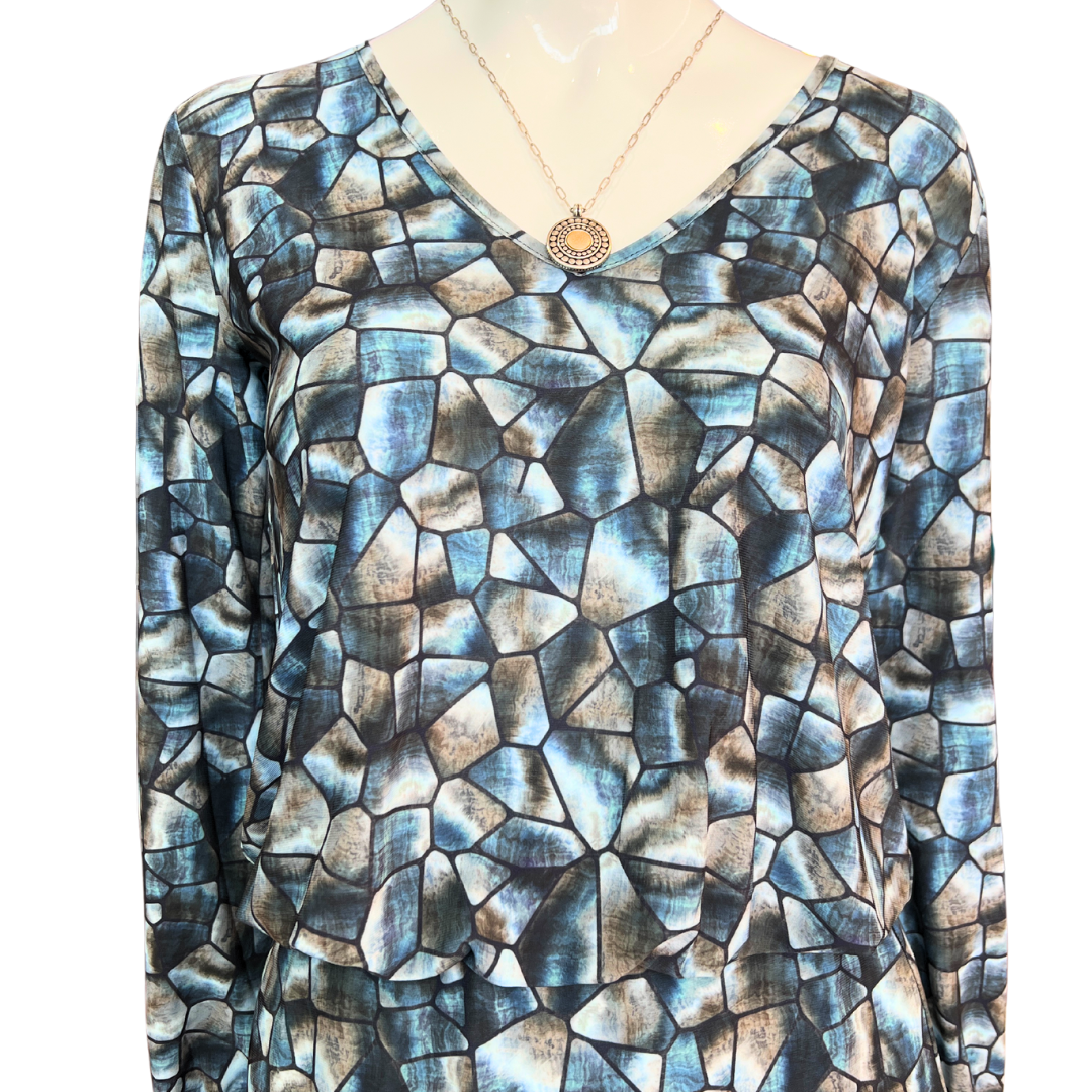 Blue Mosaic V-Neck Dress