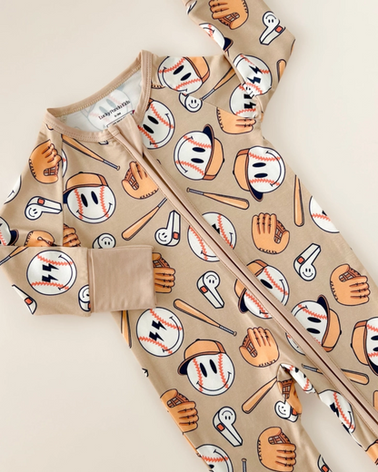 baseball baby romper, bamboo infant romper, sports themed baby clothes, neutral baby romper, cozy infant outfit, boutique baby romper, long sleeve baby romper, playful baby boy outfit, unisex baby romper, easy zip baby romper, sporty infant clothing, toddler game day outfit