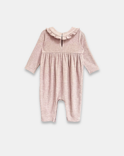 heather romper, baby girl romper, ribbed baby romper, ruffle collar romper, boutique baby clothing, soft knit romper, infant one piece outfit, cozy baby fall outfit, neutral baby romper, boutique baby girl fall clothes, back to school, school outfits, pre-k clothing