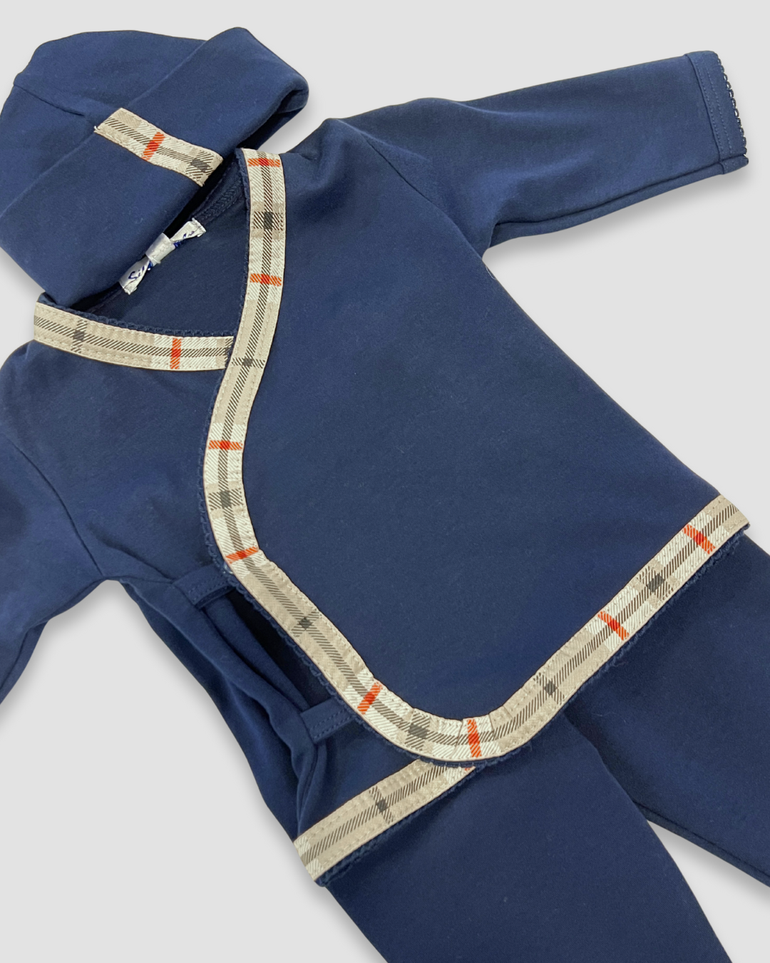 boutique baby boy navy set Expressions Boutique NY, plaid trim newborn outfit, 3 piece cotton baby gift set, navy and beige baby clothing, classic baby take home outfit