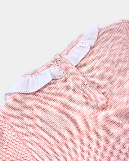 baby girl pink knit romper, pink romper with ruffle collar, baby girl knitwear boutique, embroidered floral baby romper, baby girl special occasion romper, knit romper with flowers, boutique baby outfit pink, newborn girl knit romper, heirloom baby romper girl, Expressions Boutique NY, Woodbury baby boutique, classic knit baby girl clothing