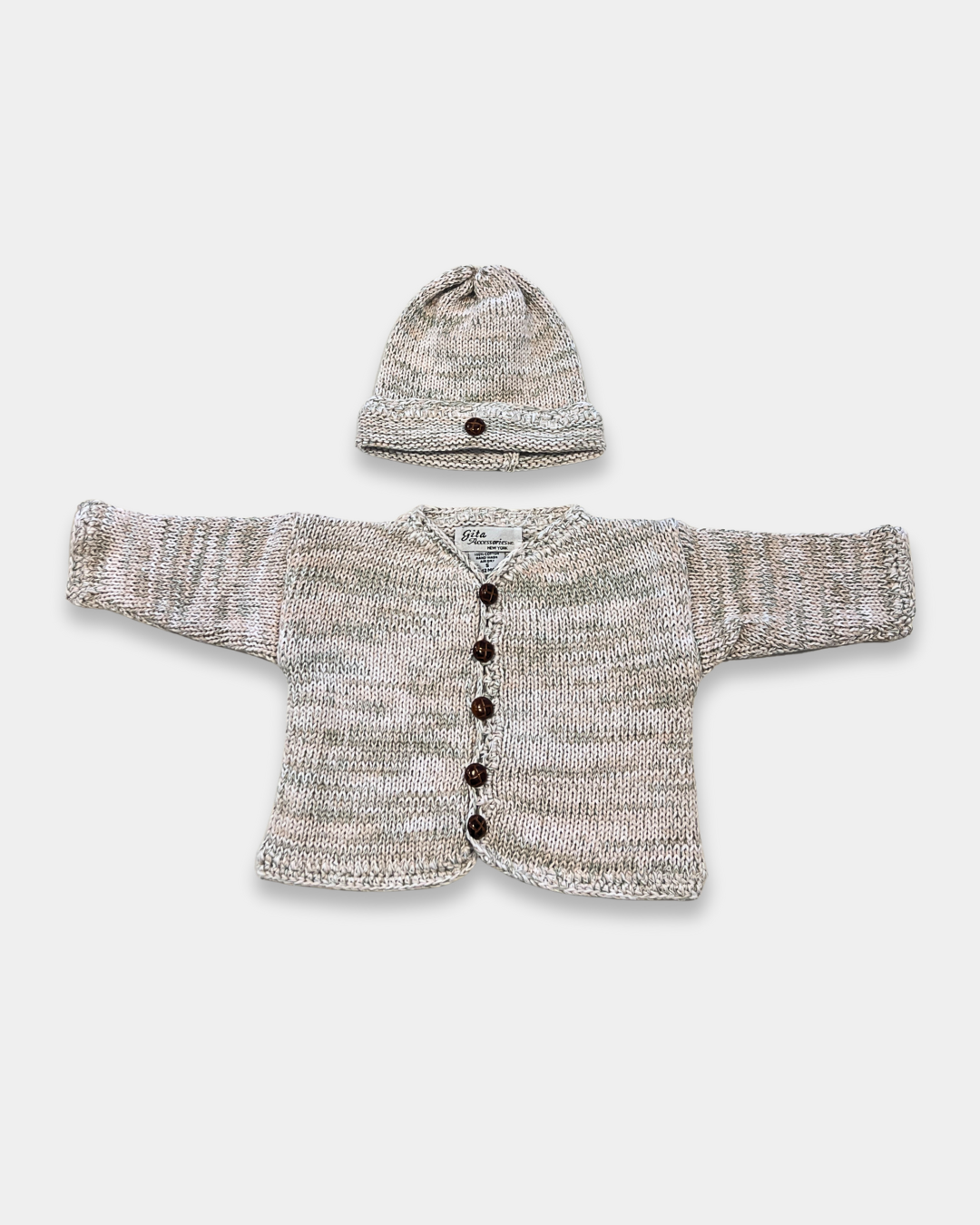 tan baby sweater set, green multi color baby sweater, baby knitwear boutique, newborn sweater and hat set, cotton baby knit outfit, faux leather button baby cardigan, heirloom baby shower gift, neutral baby clothes unisex, boutique baby clothes, soft cotton baby sweater set, luxury baby gift set, Expressions Boutique NY baby
