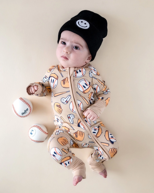 baseball baby romper, bamboo infant romper, sports themed baby clothes, neutral baby romper, cozy infant outfit, boutique baby romper, long sleeve baby romper, playful baby boy outfit, unisex baby romper, easy zip baby romper, sporty infant clothing, toddler game day outfit