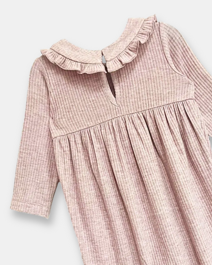 heather romper, baby girl romper, ribbed baby romper, ruffle collar romper, boutique baby clothing, soft knit romper, infant one piece outfit, cozy baby fall outfit, neutral baby romper, boutique baby girl fall clothes, back to school, school outfits, pre-k clothing