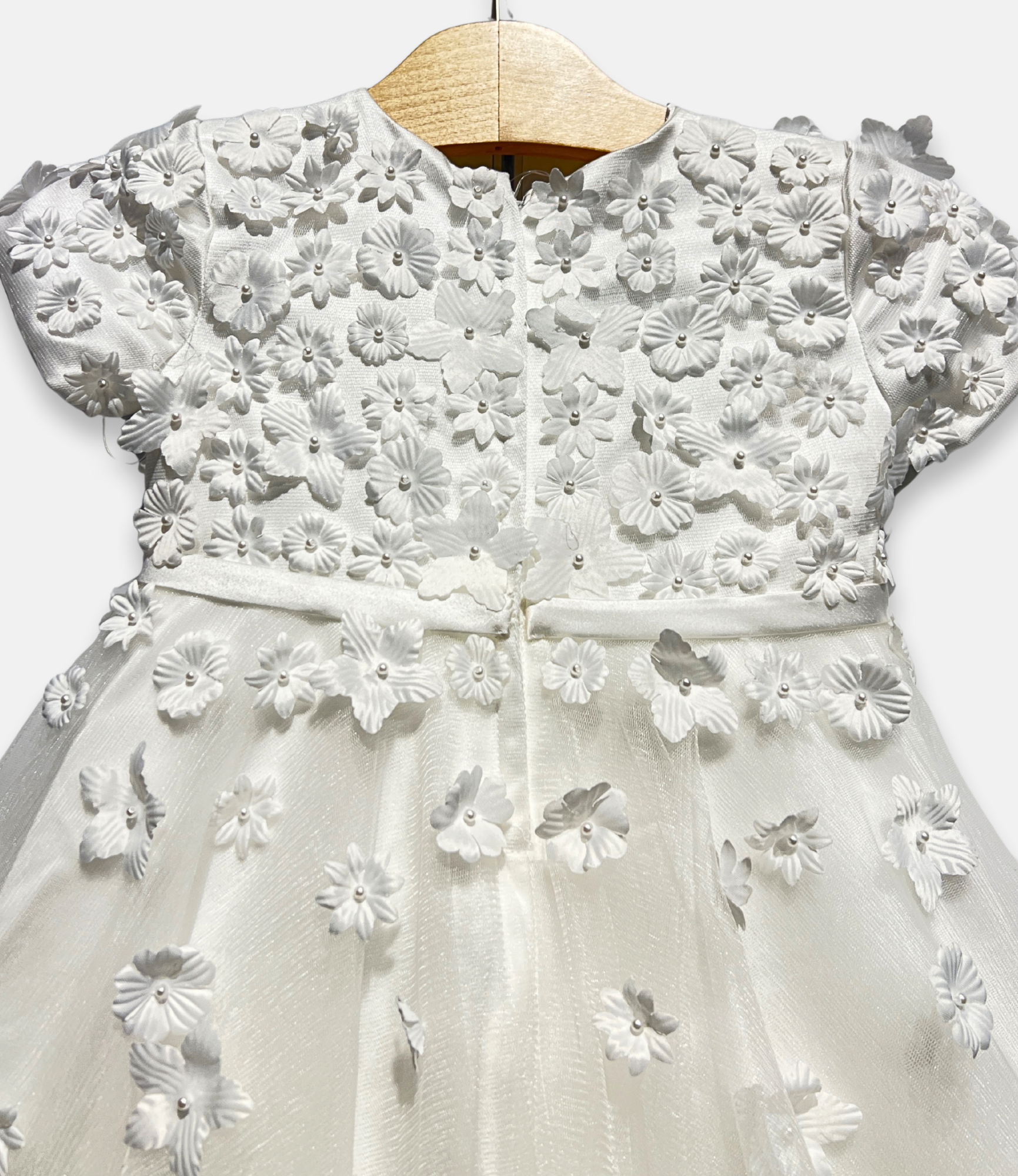 white 3D flower dress, white floral appliqué dress, boutique girls special occasion dress, 3D flower girl dress, white communion dress, couture kids fashion, tulle flower girl gown, white lace flower dress, Expressions Boutique NY, elegant girls event dress