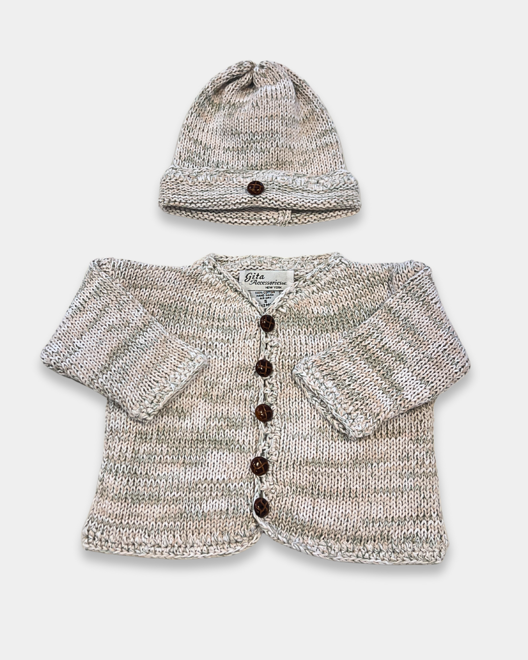 tan baby sweater set, green multi color baby sweater, baby knitwear boutique, newborn sweater and hat set, cotton baby knit outfit, faux leather button baby cardigan, heirloom baby shower gift, neutral baby clothes unisex, boutique baby clothes, soft cotton baby sweater set, luxury baby gift set, Expressions Boutique NY baby