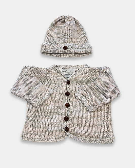 tan baby sweater set, green multi color baby sweater, baby knitwear boutique, newborn sweater and hat set, cotton baby knit outfit, faux leather button baby cardigan, heirloom baby shower gift, neutral baby clothes unisex, boutique baby clothes, soft cotton baby sweater set, luxury baby gift set, Expressions Boutique NY baby