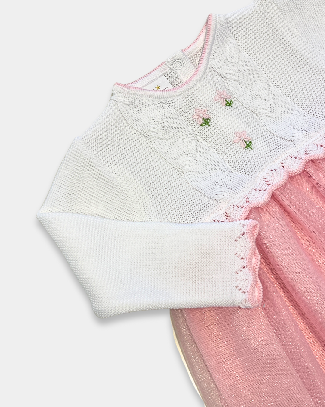 baby girl party dress, knit and tulle baby dress, boutique toddler dress, pink tulle dress baby girl, white knit dress with flowers, boutique baby girl clothing, Expressions Boutique NY, Woodbury baby boutique, special occasion baby dress, baby shower gift dress, toddler holiday dress, baby girl knit and tulle outfit