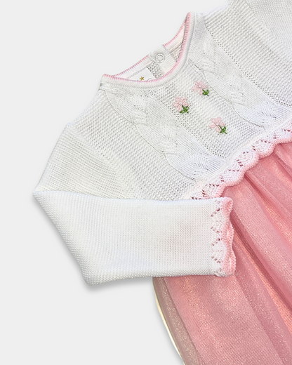 baby girl party dress, knit and tulle baby dress, boutique toddler dress, pink tulle dress baby girl, white knit dress with flowers, boutique baby girl clothing, Expressions Boutique NY, Woodbury baby boutique, special occasion baby dress, baby shower gift dress, toddler holiday dress, baby girl knit and tulle outfit