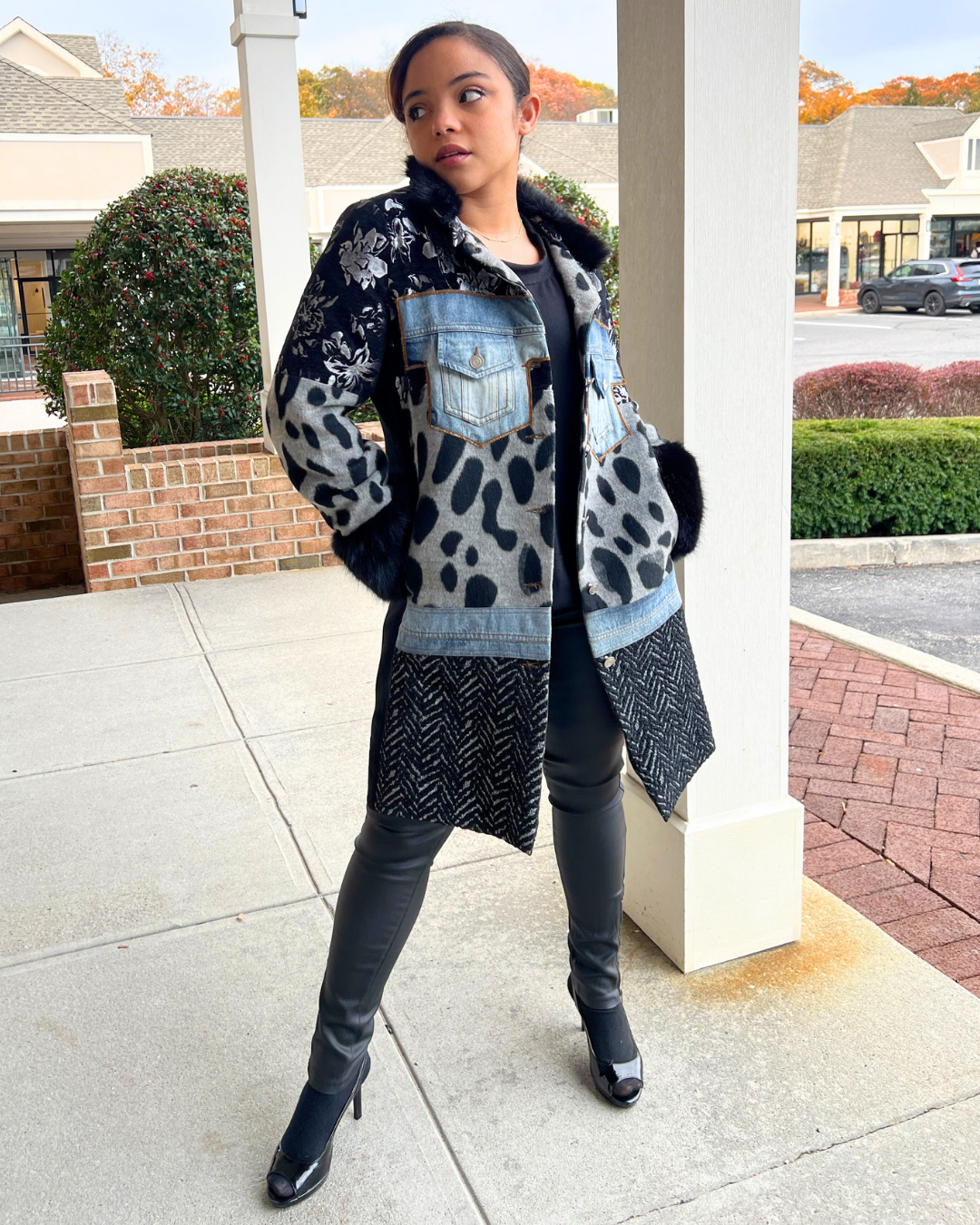 mixed media patchwork coat, women’s boutique jacket Expressions Boutique NY, denim and animal print jacket, statement winter coat, luxury patchwork outerwear