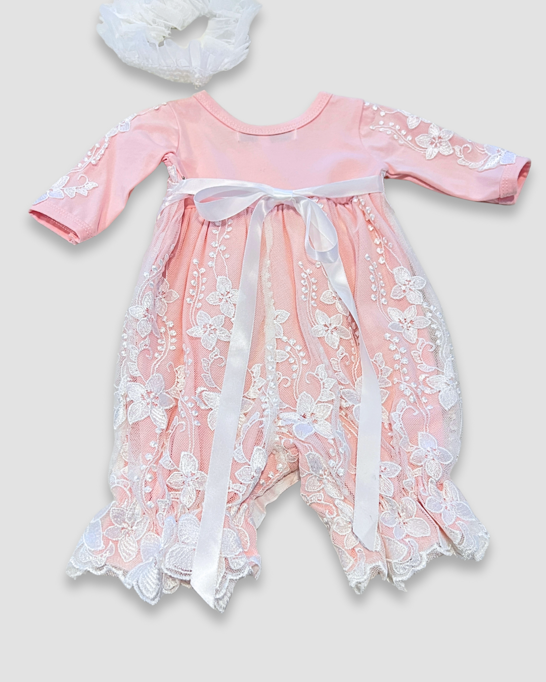 2pc White Lace Overlay Romper w HB