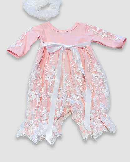 2pc White Lace Overlay Romper w HB
