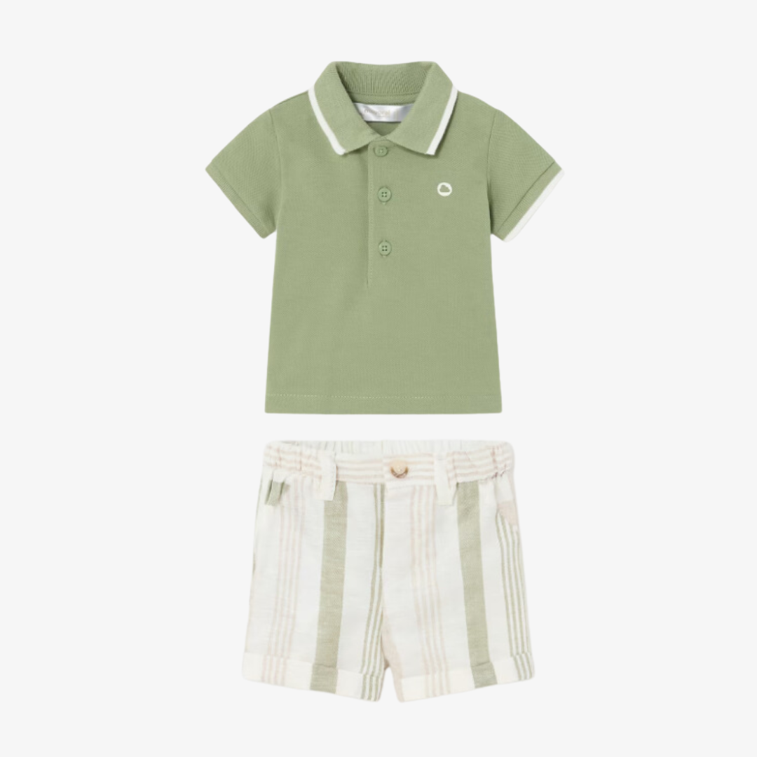 2pc Sage Green Polo Top w Green/Tan Strip Shirt w Cuff