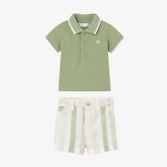 2pc Sage Green Polo Top w Green/Tan Strip Shirt w Cuff