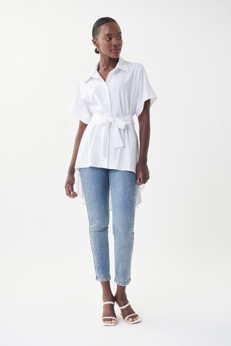 White high/low sash button down blouse