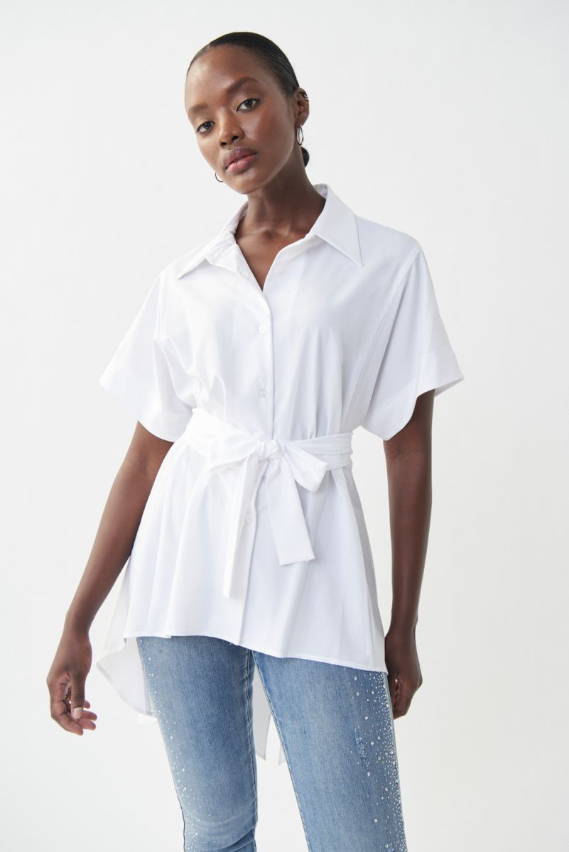 White high/low sash button down blouse