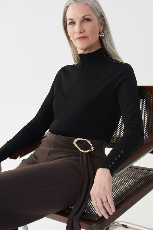 Black faux turtleneck featuring gold faux buttons