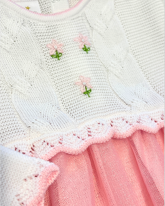 baby girl party dress, knit and tulle baby dress, boutique toddler dress, pink tulle dress baby girl, white knit dress with flowers, boutique baby girl clothing, Expressions Boutique NY, Woodbury baby boutique, special occasion baby dress, baby shower gift dress, toddler holiday dress, baby girl knit and tulle outfit