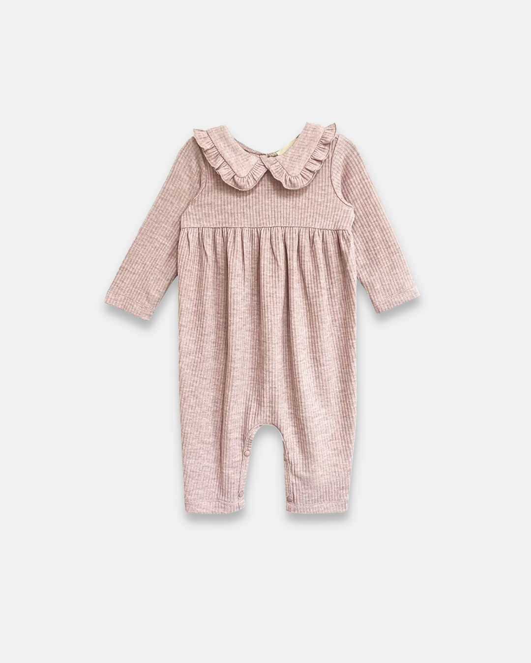 heather romper, baby girl romper, ribbed baby romper, ruffle collar romper, boutique baby clothing, soft knit romper, infant one piece outfit, cozy baby fall outfit, neutral baby romper, boutique baby girl fall clothes, back to school, school outfits, pre-k clothing