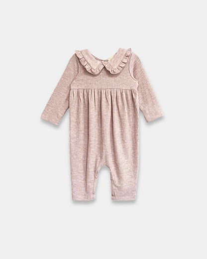 heather romper, baby girl romper, ribbed baby romper, ruffle collar romper, boutique baby clothing, soft knit romper, infant one piece outfit, cozy baby fall outfit, neutral baby romper, boutique baby girl fall clothes, back to school, school outfits, pre-k clothing