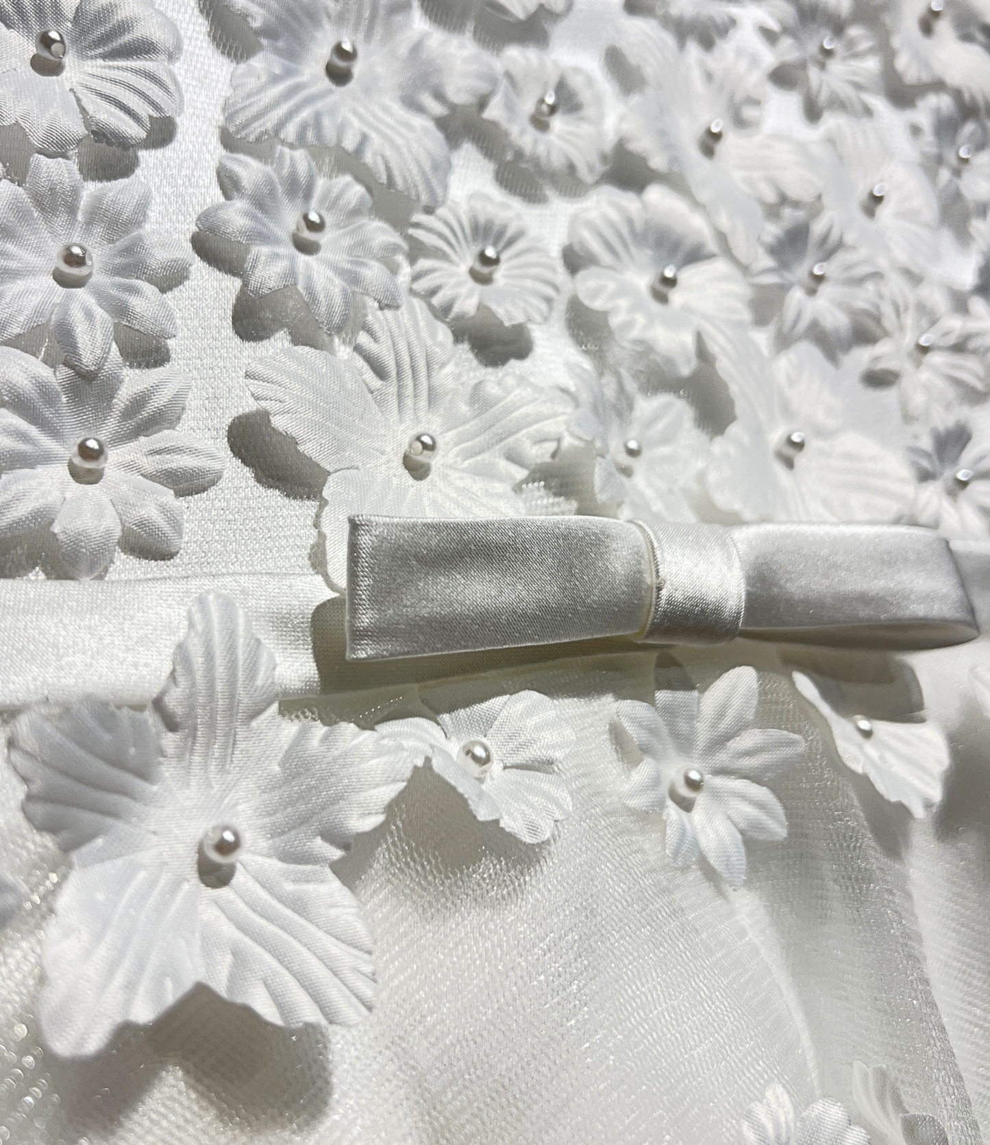 white 3D flower dress, white floral appliqué dress, boutique girls special occasion dress, 3D flower girl dress, white communion dress, couture kids fashion, tulle flower girl gown, white lace flower dress, Expressions Boutique NY, elegant girls event dress