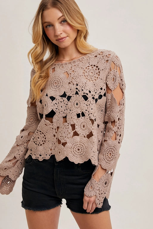 boho crochet bell sleeve top, sheer floral crochet blouse, boutique festival crochet top, mushroom crochet sweater women, open knit bell sleeve top, bohemian chic crochet layering piece, sheer crochet pullover neutral, boutique boho beachwear top, vintage inspired crochet blouse, boutique statement crochet top
