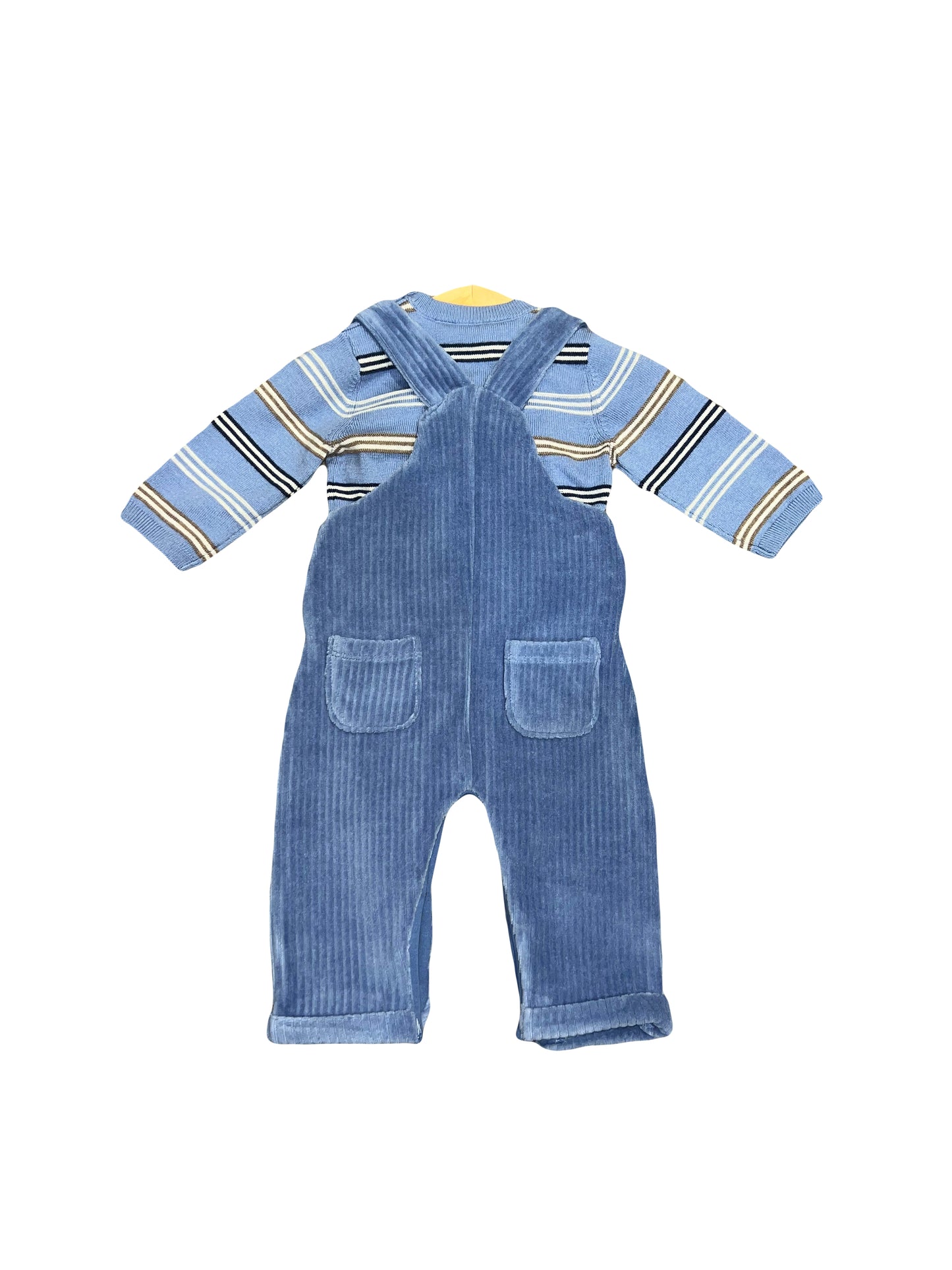 2pc Denim Blue Stripe Knit Top & Blue Overalls