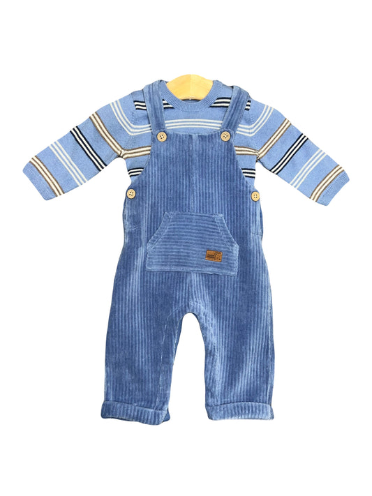 2pc Denim Blue Stripe Knit Top & Blue Overalls