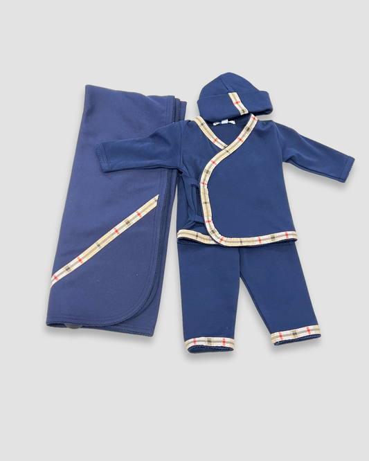 boutique baby boy navy set Expressions Boutique NY, plaid trim newborn outfit, 3 piece cotton baby gift set, navy and beige baby clothing, classic baby take home outfit