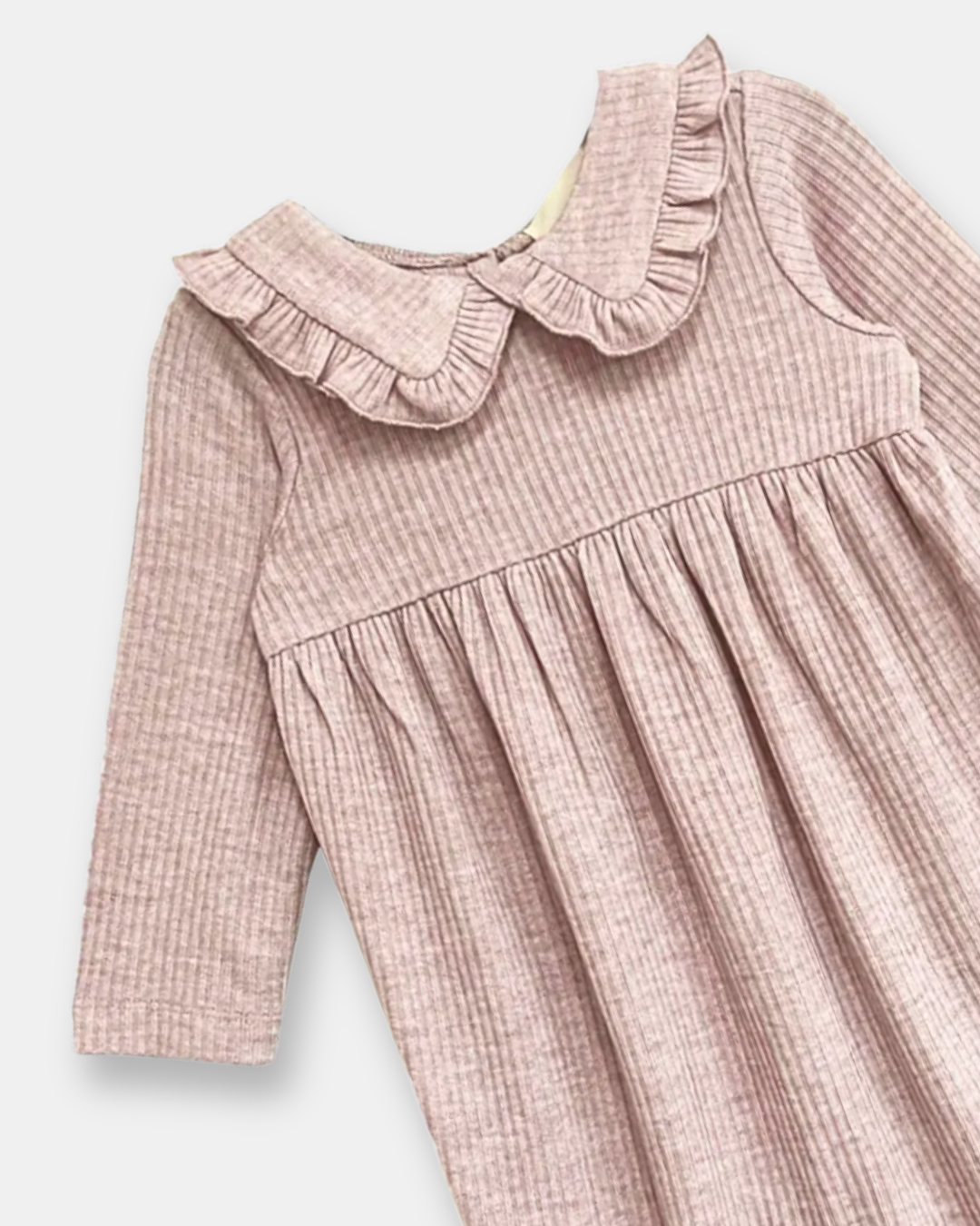 heather romper, baby girl romper, ribbed baby romper, ruffle collar romper, boutique baby clothing, soft knit romper, infant one piece outfit, cozy baby fall outfit, neutral baby romper, boutique baby girl fall clothes, back to school, school outfits, pre-k clothing
