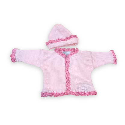 2pc Pink Cotton Sweater w Dk Pink Chenille Trim