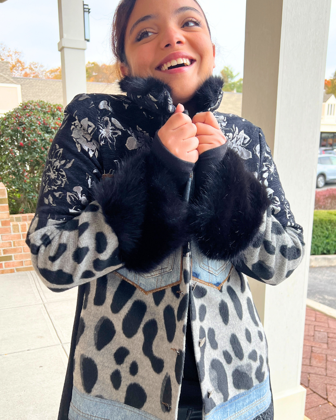 mixed media patchwork coat, women’s boutique jacket Expressions Boutique NY, denim and animal print jacket, statement winter coat, luxury patchwork outerwear