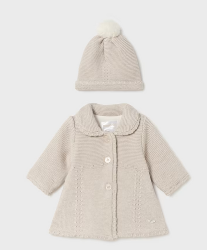 2pc Beige Knit Sweater Coat w Hat
